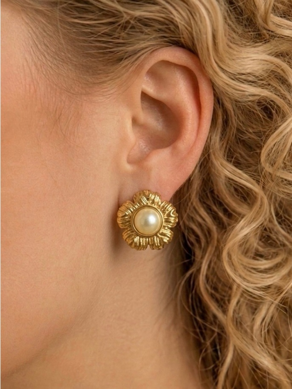 Monet Gold Floral Pearl Button Earrings